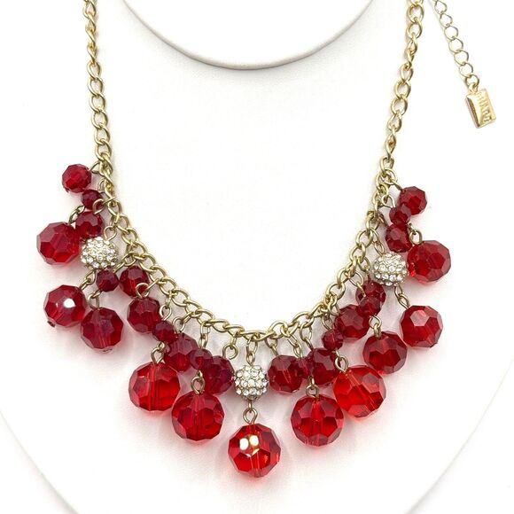 CHAPS Red Faceted Glass Cha Cha Dangle Necklace Gold Tone - Picture 1 of 7
